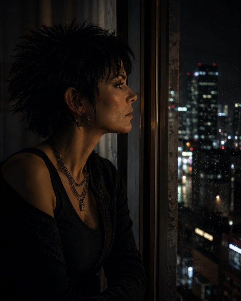 YLSHAA looking through a window at the city at night
