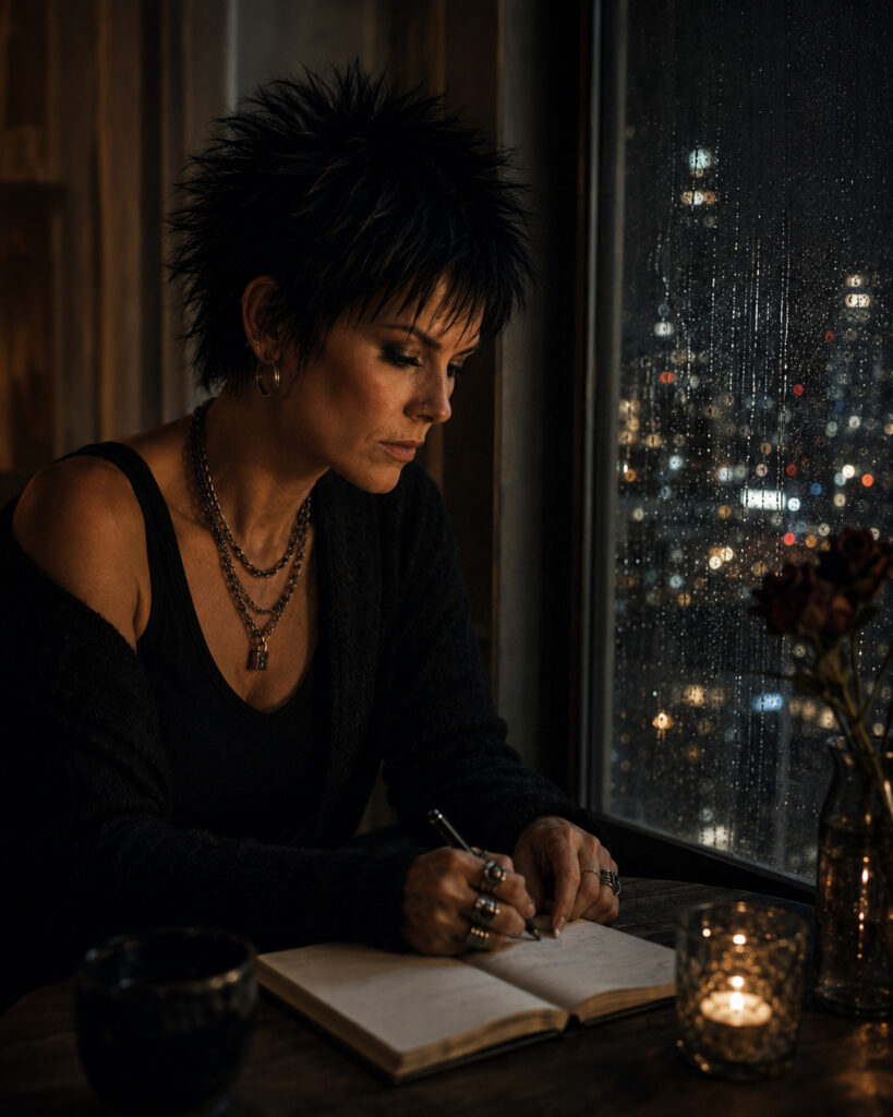YLSHAA writing in a notebook beside a rain-covered window