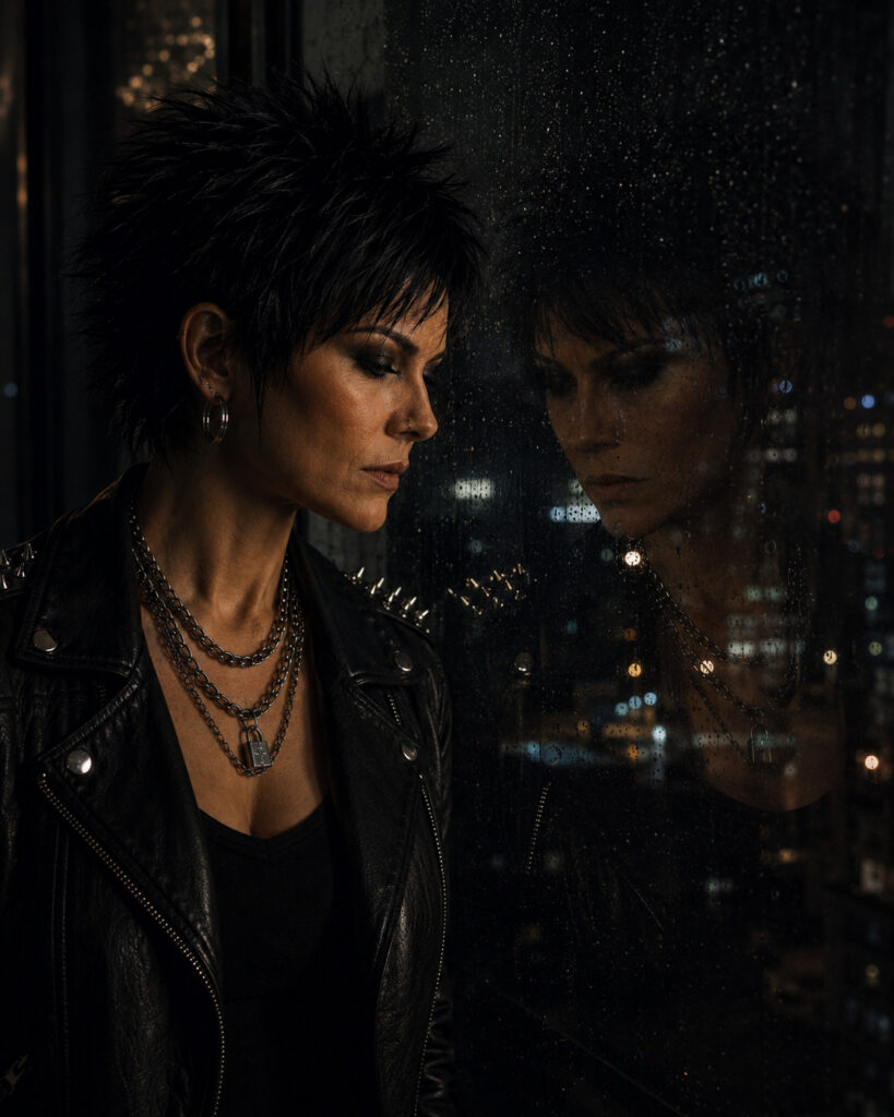 YLSHAA facing her reflection in a dark rain-covered window
