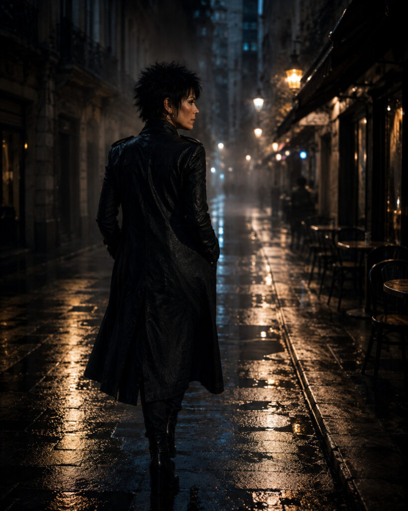 YLSHAA walking alone through a wet city street at night